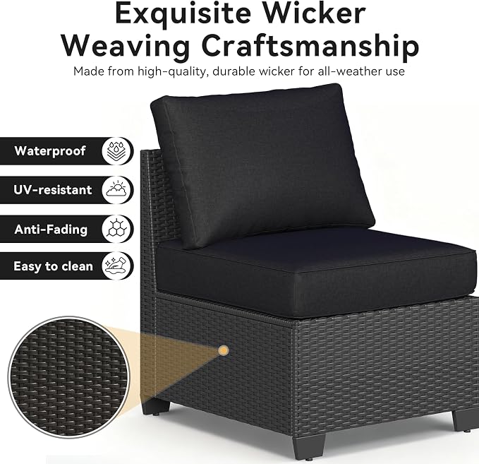 Aoxun 10-Piece Sectional Sofa with 44" Fire Pit, 4" Thicken Cushion, Widen Armrests Wicker for Backyard with Coffee Table, Black