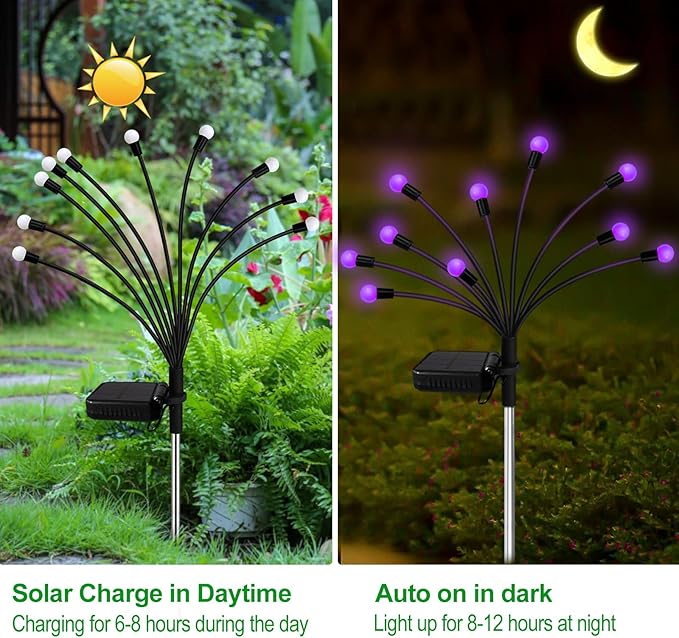 Kohlrabi Solar Garden Lights Outdoor, 4 Pack 32 LED Solar Purple Firefly Lights Waterproof, Sway by Wind, Halloween Swaying Light for Yard Patio Backyard Garden Planter Flower Bed Pathway Decoration