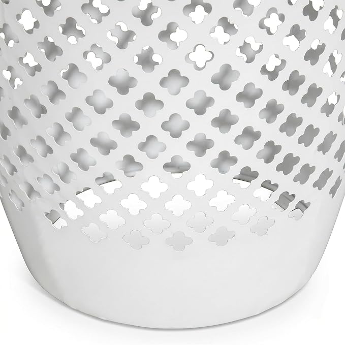 12.5" Steel Outdoor Side Table, Hollow Drum Metal Patio End Table & Ambient Lantern, Decorative Geometric Accent Table for Garden, Balcony and Poolside, No Assembly, White