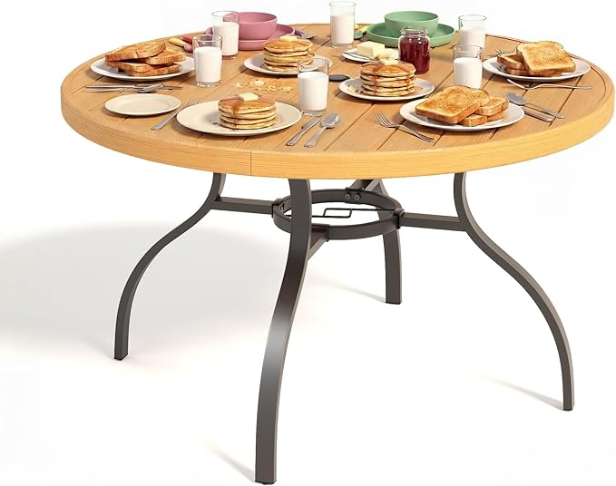 47” Patio Outdoor Dining Table, Wood-Grain Patio Round Table with Umbrella Hole, All-Weather Metal Dining Table for Party, Lawn & Garden