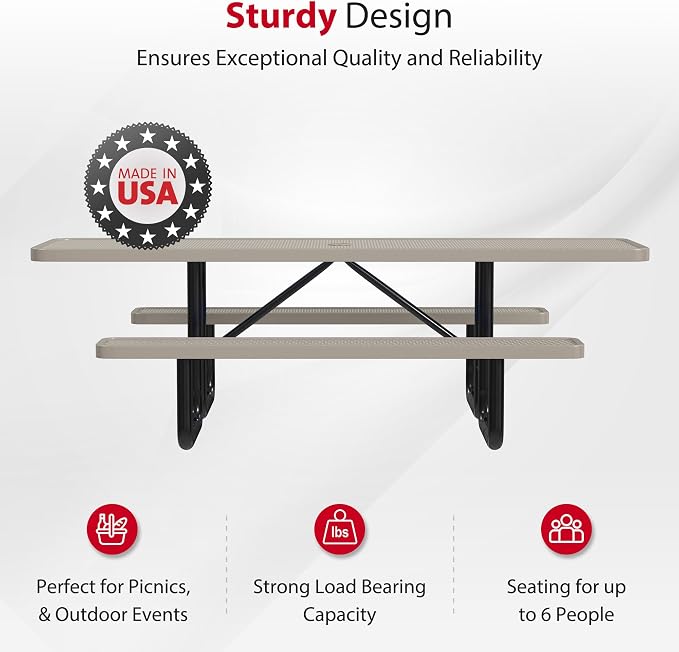 Leisure Craft Metal Picnic Table with Bench - 8 ft Rectangle Outdoor Dining Table with Umbrella Hole, Heavy Duty Thermoplastic Coating, ADA Compliant, Commercial Grade Furniture Made in USA - Beige