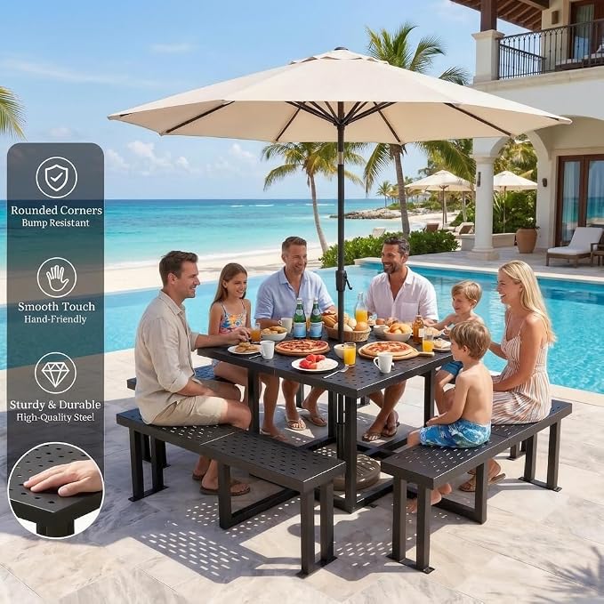 DWVO 38" Square Metal Picnic Table with Umbrella Hole - Heavy Duty Q235 Carbon Steel Outdoor Table Set for Patio, Backyard, and Lawn - Industrial Steel Construction