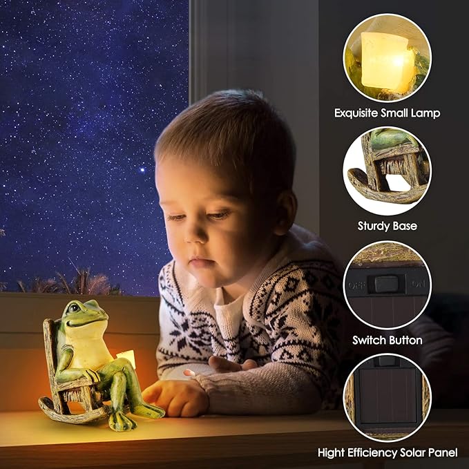 FOXMIS Miniature Frog Garden Statue Mom Dad Gifts Home Decorations Fairy Garden Accessories Outdoor Lights Solar Garden Frog Decor Art Housewarming Gift for Patio,Yard,Lawn Ornament,3.89"x2.36"x3.93