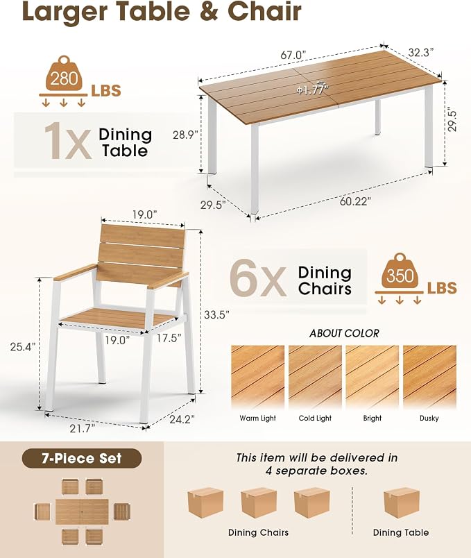 Outdoor Dining Set for 6, Aluminum Patio HDPS Outdooor Table and Chairs Set with Umbrella Hole, All Weather Patio Furniture Set, 7 Peice Patio Dining Table Set (White & Teak)