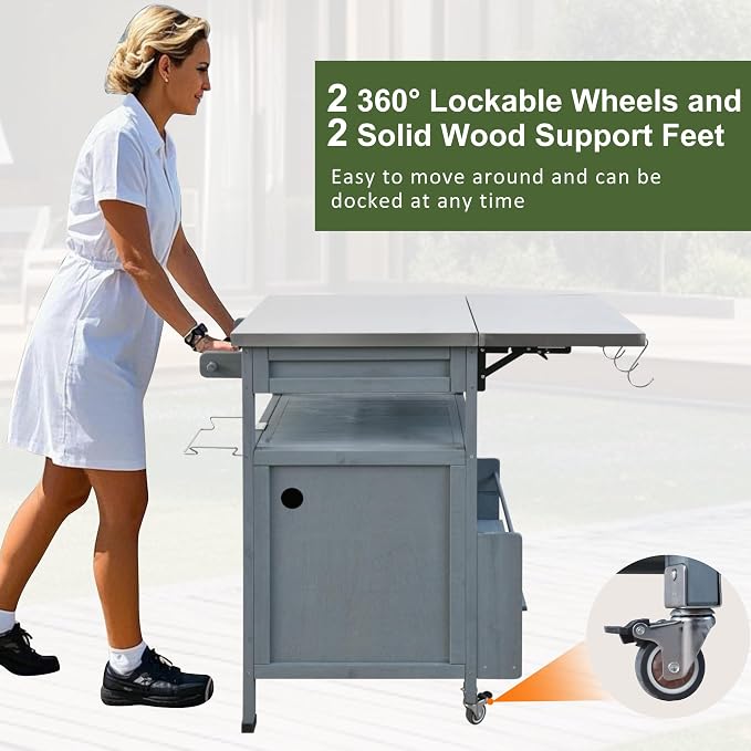 Solid Wood Outdoor Small Grill Table Kitchen Island with Stainless Steel Drop Leaf, Farmhouse Serving Cart with Drawer and Wheels, Outdoor Bar Table for Patio, Lawn Garden, Kitchen, Grey Blue