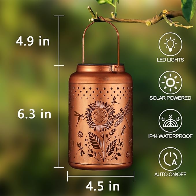 Solar Lanterns Outdoor Waterproof Hummingbird Garden Decor Christmas Gifts for Women Mom Grandma Hanging Lights Metal Decoration Outside for Yard, Patio,Backyard,Porch(Dragonfly and Sunflower) | Metal Hanging Solar Lights Birthday Gifts for Grandma Mom...