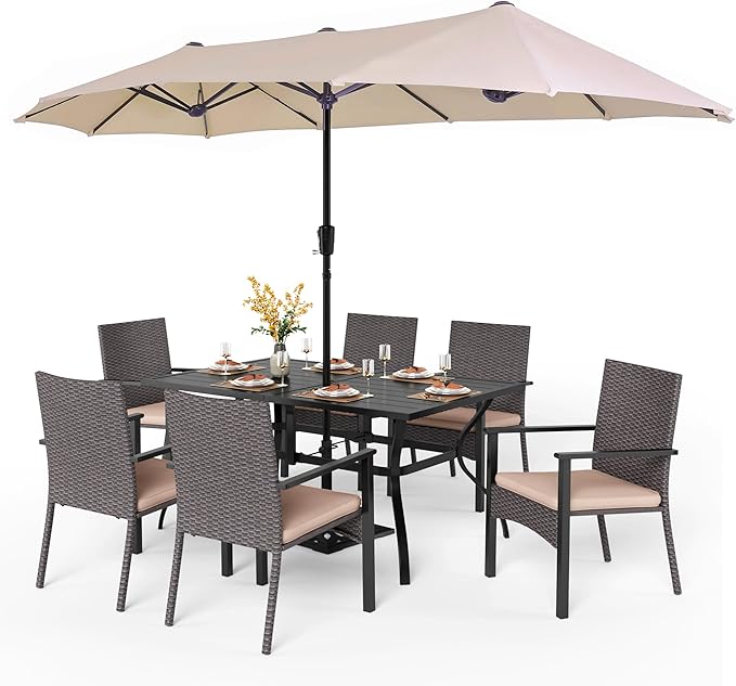 PHI VILLA 7pc Patio Dining Set with 13ft Beige Umbrella, 6 Rattan Chairs | 60" metal dining table, 6 cushioned rattan wicker chairs, and 13ft beige umbrella. Perfect for patio, deck, yard, or porch.