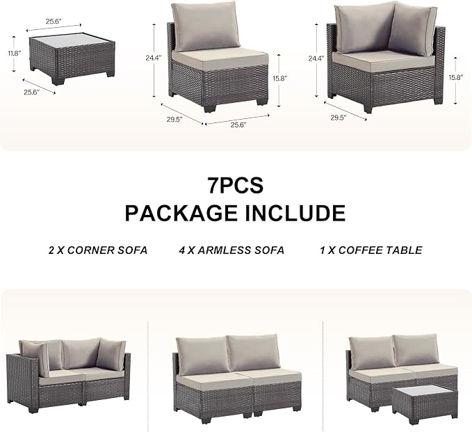 CANMOV 7 Pieces Patio Furniture SetsAll Weather Outdoor Patio Conversation Set, PE Wicker Rattan Sectional Sofa Couch Glass Coffee Table and Washable Cushions for Backyard Garden, Khaki