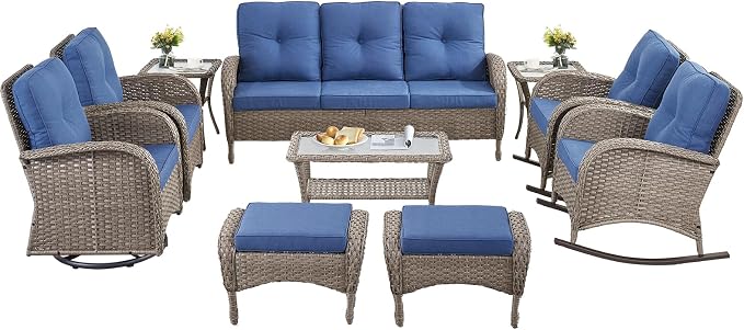 10-Piece Patio Furniture Set-Patio Rocking Chairs Set of 4 Outdoor Rattan Sofa Sets with Coffee Table Outdoor Patio Furniture Sets for Deck Porch Garden Balcony Poolside-Grey/Blue