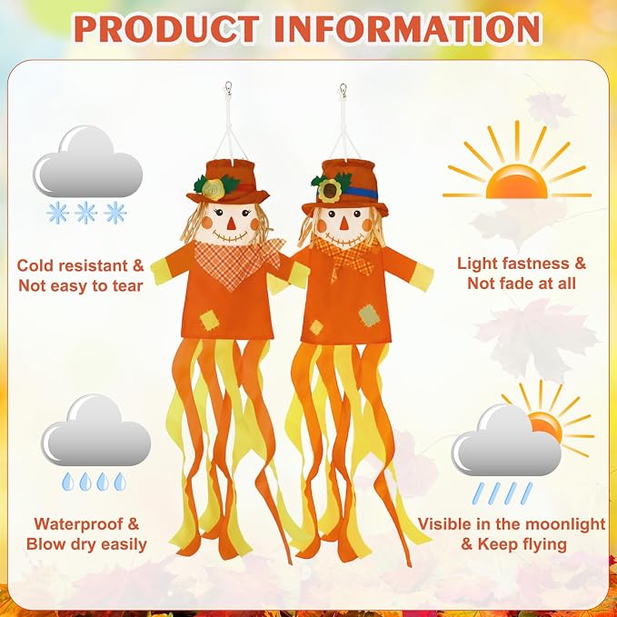 NOVWANG 2 Pcs Fall Scarecrows Windsocks, 40 Inch Outdoor Autumn Wind Sock Thanksgiving Hanging Scarecrow Decorations for Garden Patio Party Home Yard Decor