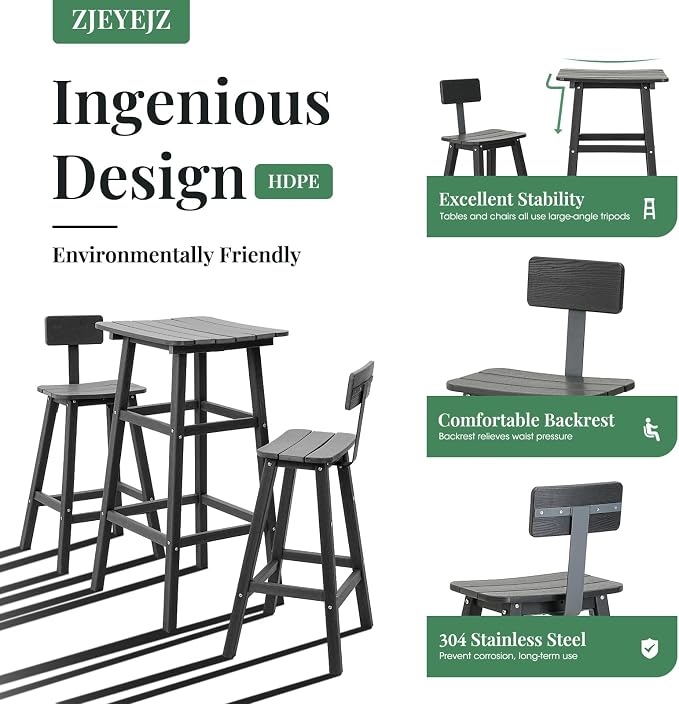 Bar Height Chairs Set of 2, HDPE Front Porch Chairs Set, Weather Resistance Outdoor Bar Stools Set for Spas, Cafes, Swimming Areas, Lodges and Hotels - Black
