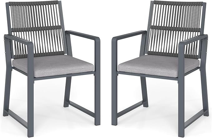 Outdoor Patio Wicker Rattan Dining Chairs, Heavy-Duty Wrought Iron Frame Supports 400lbs, Ergonomic Backrest, Detachable Breathable Cushion, for Garden & Porch, Dark Gray, Set of 2