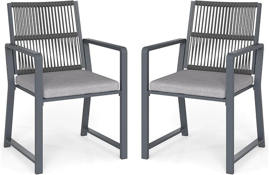 Outdoor Patio Wicker Rattan Dining Chairs, Heavy-Duty Wrought Iron Frame Supports 400lbs, Ergonomic Backrest, Detachable Breathable Cushion, for Garden & Porch, Dark Gray, Set of 2