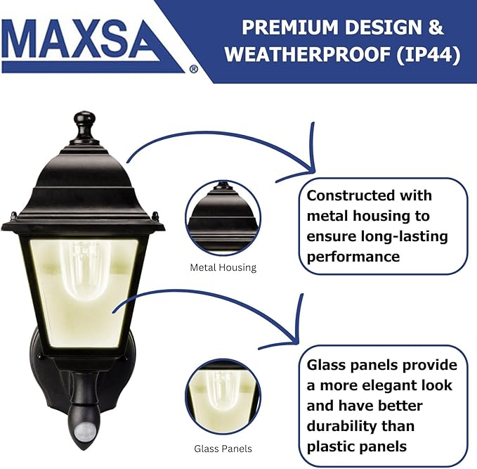MAXSA 43319 Battery-Run Motion-Activated Outdoor Metal Wall Sconce Black | Metal and Glass Battery-Powered, No Wiring Needed, 13 x 8.5 x 6" Automatic Operation, Easy Installation Black Warm White LEDs