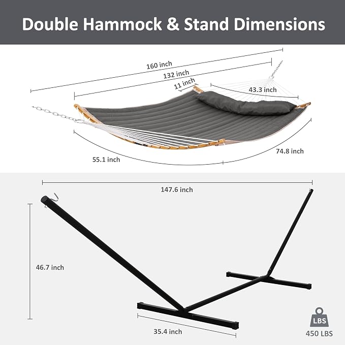 SUNCREAT Double Hammock with Stand Included, Outdoor Hammock with Large Pillow, 450 lbs Capacity, Hammock Storage Bag