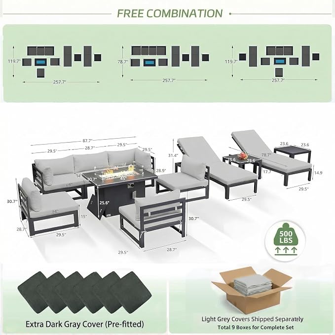 RADIATA 11 Piece Large Contemporary Aluminum Outdoor Furniture Set with Sun Bed & Fire Pit Table, 29 inch Deep Couch Set, 500 lbs High Weight Capacity, Patio Sectional Sofa for Poolside, Light Gray