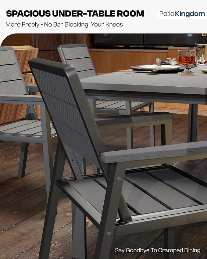 7-Piece Outdoor Dining Set with 11FT Umbrella,Grey | HDPE table, chairs included, aluminum frame, 2" hole design, weather-resistant furniture, perfect for backyard, deck, garden