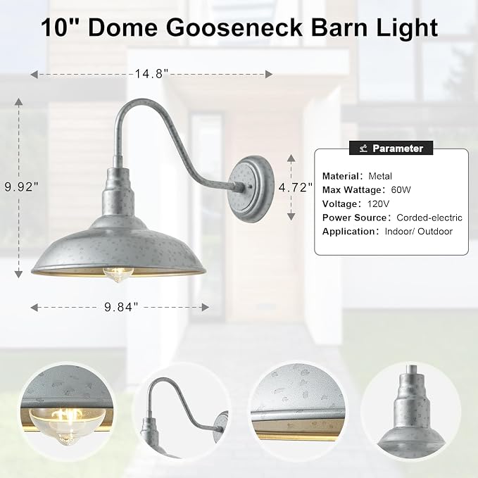 10in Dome Outdoor Gooseneck Barn Light, 2 Pack Silver Exterior Porch Gooseneck Wall Mount Lighting Fixture, Farmhouse Style Outside Barn Wall Sconce for House, Garage, Waterproof