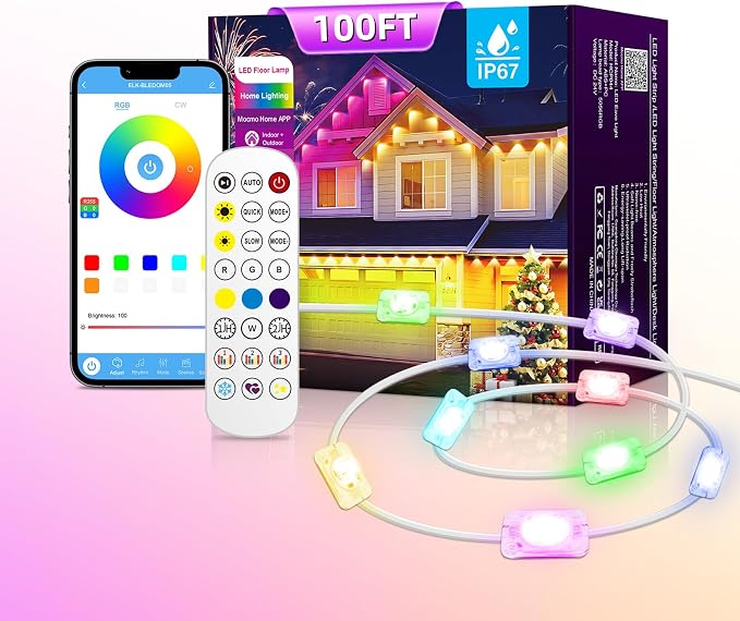 AHAWILL IP67 Permanent Outdoor RGB Lights for Halloween Decor(100ft) | Waterproof outdoor string eaves lights with remote&APP, 100ft 48led,Accent Lighting for Christmas Decor