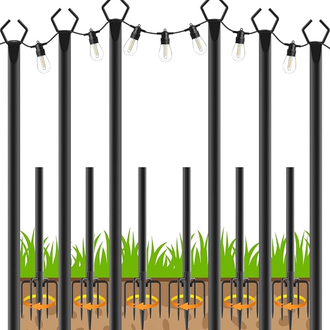 LETIANPAI 10Ft String Light Poles 6 Pack,Light Poles for Outside Lights,Outdoor with Fence Brackets Hanging Lights,Metal Stand Deck Patio Backyard