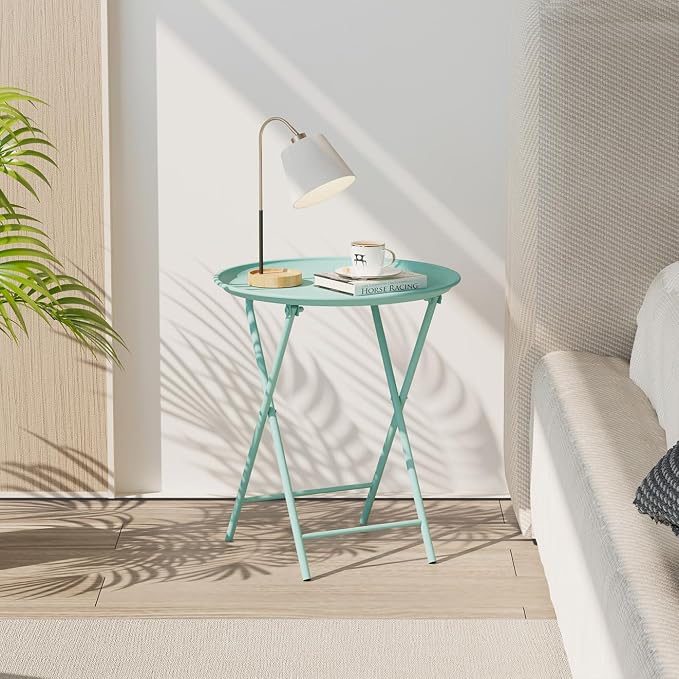 Garden 4 you Folding TV Tray Table, Metal Round Side Table, Green Dinner Table with Metal Frame, Modern Outdoor Tray Table for Living Room, Bedroom, Patio & Small Spaces, 2 Packs
