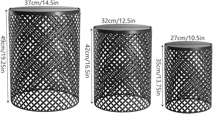 Nesting Tables Set of 3, Outdoor Side Table, Metal Frame Accent Table for Gardens, Balconies, bedrooms, Living Rooms, Kitchens, cafes, Black