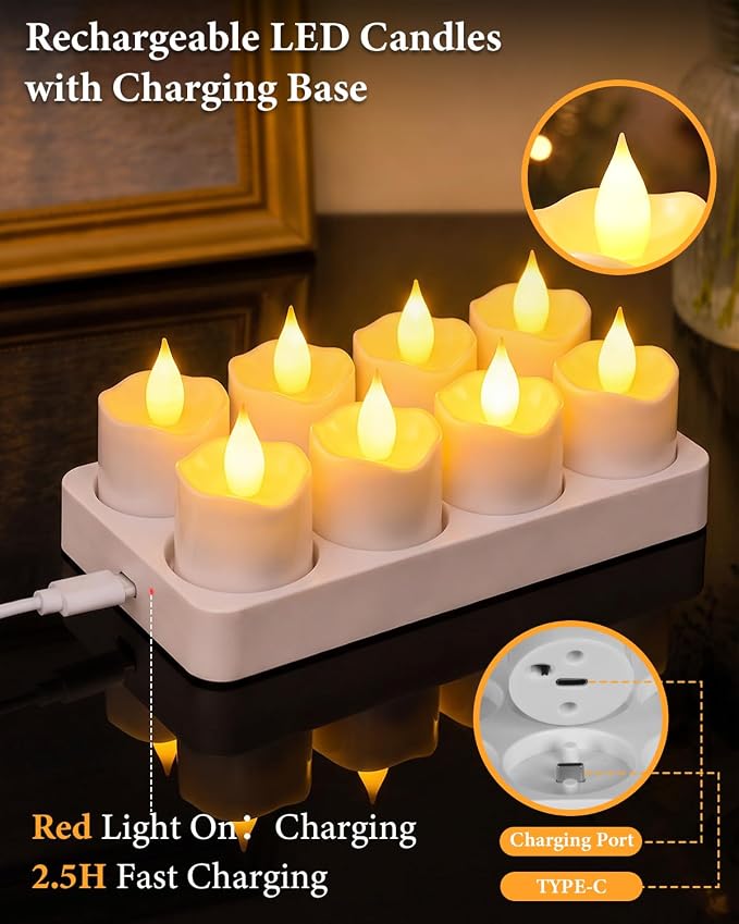 TOWPONICS Flickering Flameless Candles with Remote Timer & Charging Base | 8 Pack LED Rechargeable Votive Candles, Battery Operated Tea Lights for Home, Wedding, Party, Halloween, Christmas Decor