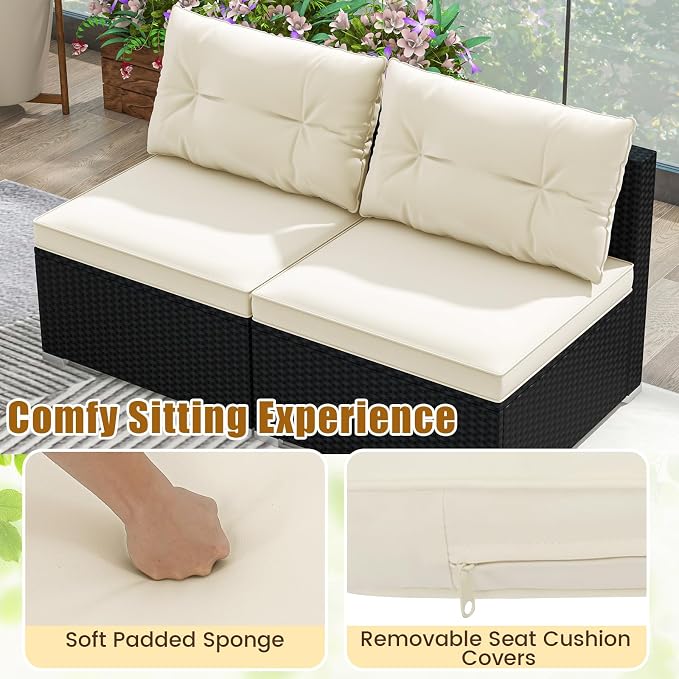 5 Pieces Patio Furniture Set, Outdoor Sectional Sofa with Tempered Glass Coffee Table & Cushions, Wicker Patio Conversation Set for Porch, Deck, Balcony, Poolside & Backyard