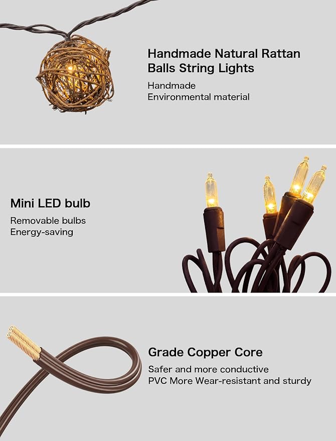 Rattan Ball String Lights, Handmade Boho Wicker Vine Lantern Lights with 10 LED Bulbs, 8.5FT Connectable Indoor Outdoor String Light Plug in for Bedroom X-mas Wedding Garden Party Decor