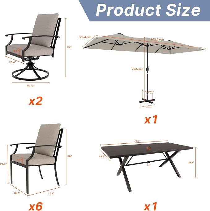 Gotland 9 Piece Outdoor Dining Table and Chairs for 8 with 14Ft Double-Sided Umbrella, Rectangular Patio Dining Table with Umbrella Hole with 2 Swivel Rocking Dining Chairs Outdoor Patio Set
