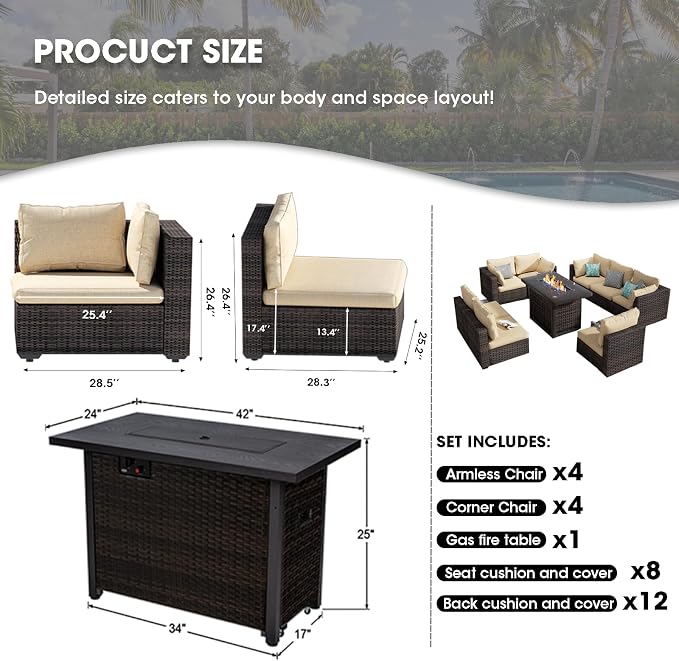 Grezone 9 Piece Patio Furniture Set with 44" Fire Pit Table, Outdoor Sectional Couch, PE Rattan Patio Conversation Sets with 4inch Cushions for Backyard Beige