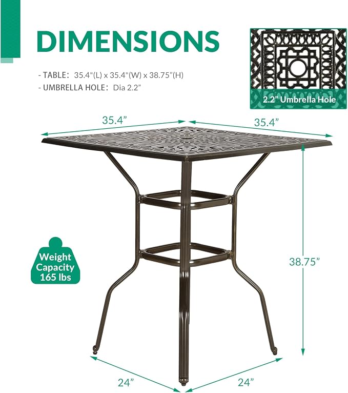 VIVIJASON 35.4" Patio Height Bar Table, All-Weather Cast Aluminum Bar Bistro Table Outdoor Patio Square Dining Table with 2.2" Umbrella Hole for Balcony, Lawn, Garden, Backyard, Antique Bronze