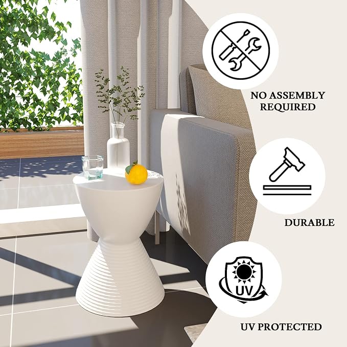 LeisureMod Modern Hourglass White Side Table - ABS Shell Drum End Table with Storage for Indoor & Outdoor Use