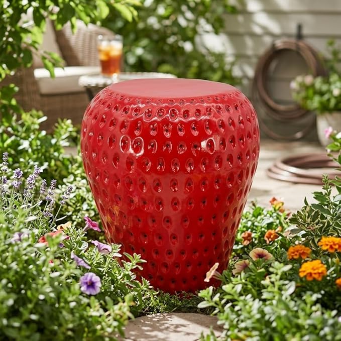 13.4" Strawberry Resin Decorative Stool, Novelty Fruit Side Table & Plant Stand, Whimsical Indoor Outdoor Garden Patio Decor, No Assembly Required (Red Strawberry)