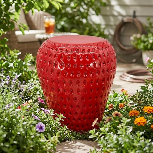 13.4" Strawberry Resin Decorative Stool, Novelty Fruit Side Table & Plant Stand, Whimsical Indoor Outdoor Garden Patio Decor, No Assembly Required (Red Strawberry)