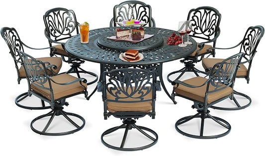 9-Piece Patio Cast Aluminum Dining Set, 8 Person Outdoor Dining Furniture Set, Includes 8 Swivel Dining Chairs and 61" Large Round Dining Table with 31" Lazy Susan, Umbrella Hole, Tan