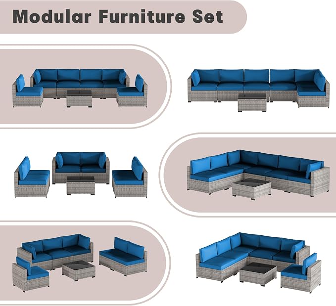 Patio Furniture Set 7 Pieces Conversation Set Wicker Outdoor Sectional Sofa,Ergonomic Armrests Couch with Cushion and Glass Table (Grey White-Peacock Blue, 7 Piece-Single)