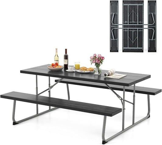 Giantex Folding Picnic Table - 6 FT Outdoor Table Bench Set for 8 Persons w/All-Weather HDPE Tabletop, Metal Leg, Umbrella Hole, Large Outside Dining Table for Patio Garden Yard Poolside (Black)