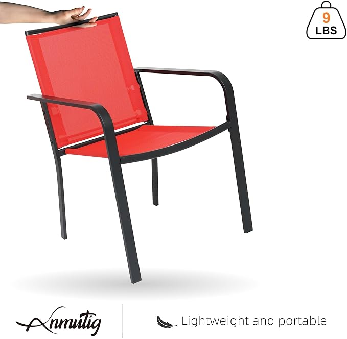 5 Piece Outdoor Patio Dining Set with 40" Round Glass Table, Red Chairs | 4 Piece Stackable Chairs Textilene Seat and Back, Table and Chair with Metal Frame, Round Glass Table Top, 1.7" Umbrella Hole