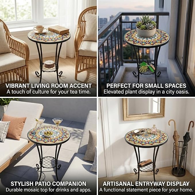 Mosaic Outdoor Side Table Small Round Patio Table Plant Stand | 21" Accent End Table with 14" Ceramic Tile Top for Small Spaces Porch Pool Garden Decor Indoor Living Room Bedroom Balcony