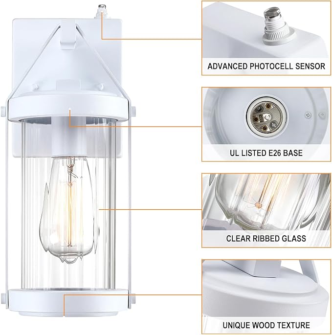 2 Pack Dusk to Dawn Sensor White Outdoor Wall Sconce Lightings | Exterior Porch Lantern Modern Outside Garage Light Fixtures Waterproof Wall Mount Lamp for House Patio Front Door
