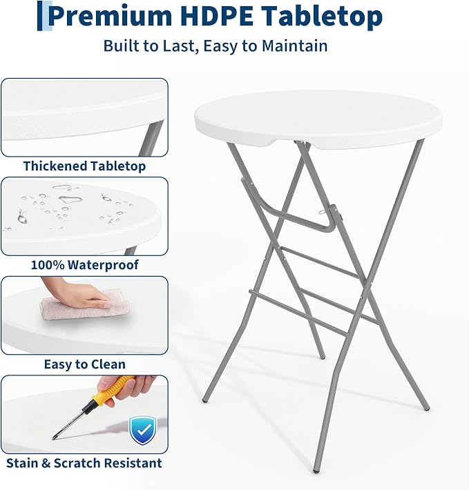 Garvee 32" Folding Cocktail Table, HDPE Round High Top Table with Metal Frame & Locking Legs, Folding Bar Table for Patio Backyard Indoor & Outdoor Events, White