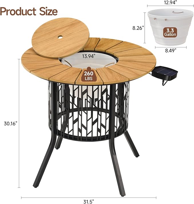 ONBRILL Round Patio Coffee Table with 3.3 Gallon Ice Bucket, 31.5 Inch Solar-Light Cooler Side Table, HDPS Outdoor Dining Table with Metal Base for Outside, Porch, Garden, Backyard, Black & Oak