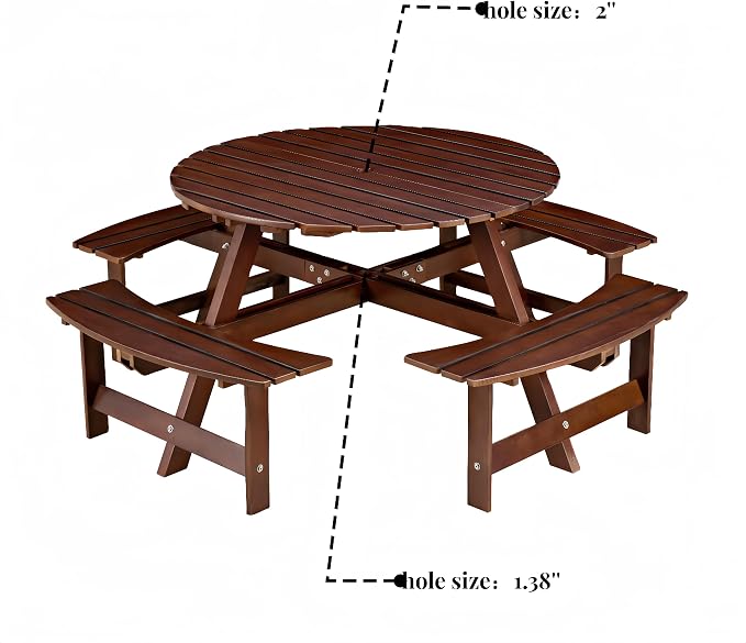 8-Person Outdoor Picnic Round Table with Built-in Benches | All-Weather Wooden Patio Furniture for Gardens, Backyards and Porches | Includes 2" Umbrella Hole (Brown, 70.08"*70.08"*27.17")