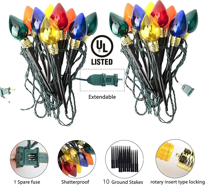 C9 Christmas Pathway Lights Outdoor, 17.4Ft 10 LED C9 Pathway Lights | Connectable C9 Walkway Lights, Waterproof Christmas Lights Outdoor for Walkway Yard Lawn Ground Sidewalk Driveway Decorations