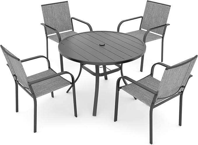 Anmutig 5 Piece Patio Dining Set 41 Inch Round Table Stackable Chairs Grey | Powder-Coated Steel Frame, Quick-Dry Textilene Mesh, Dual-Size Umbrella Hole, Weather Resistant, Patio, Garden, Backyard