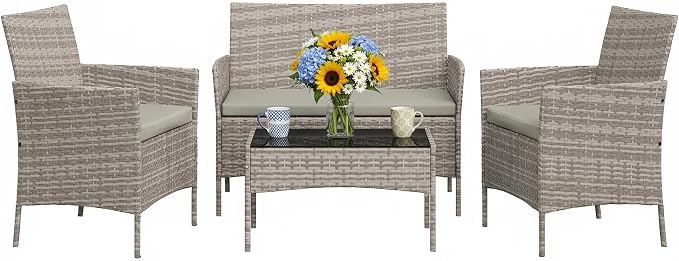 PeakPursuit Patio Furniture Sets 4 Pieces All-Weather Outdoor Furniture PE Rattan Wicker Chairs with Soft Cushion and Glass Coffee Table for Yard Backyard Lawn Porch Poolside Balcony,Grey
