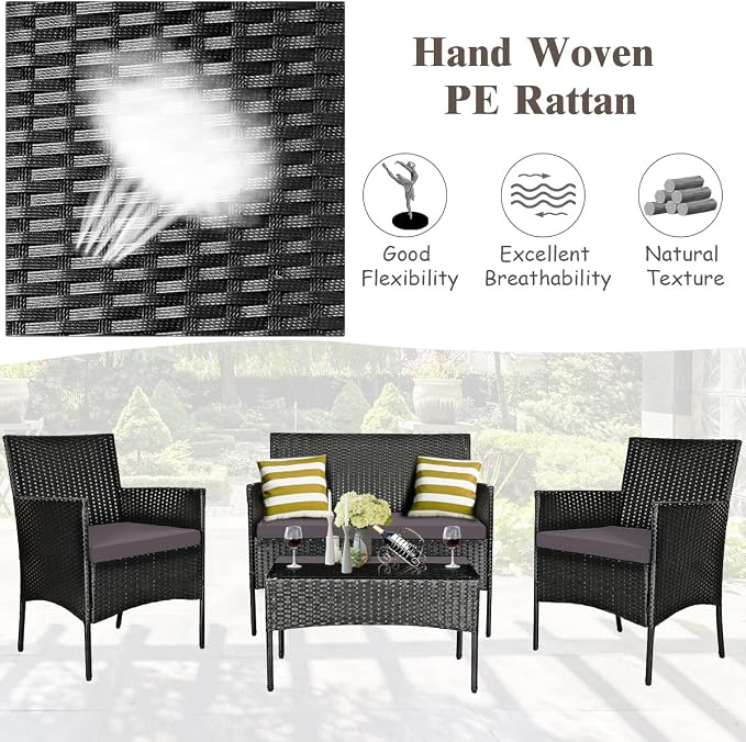 Tangkula 4 Pieces Patio Furniture Set, Outdoor Wicker Conversation Set with Tempered Glass Tabletop, Rattan Sofa and Chairs Set with Off White & Grey Cushion Covers