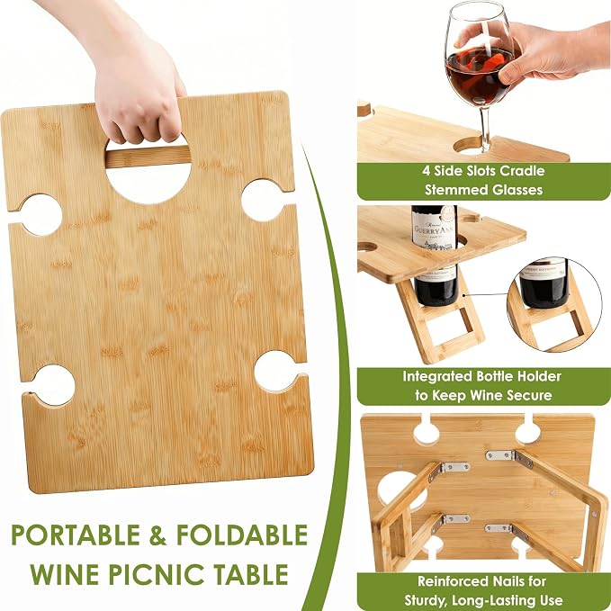Youeon Portable Wine Picnic Table with 5 Wine Glasses Holder, Foldable Champagne Picnic Snack Table, Wine and Cheese Table for Picnic, Camping, Park, Beach, Wine Lover Gift