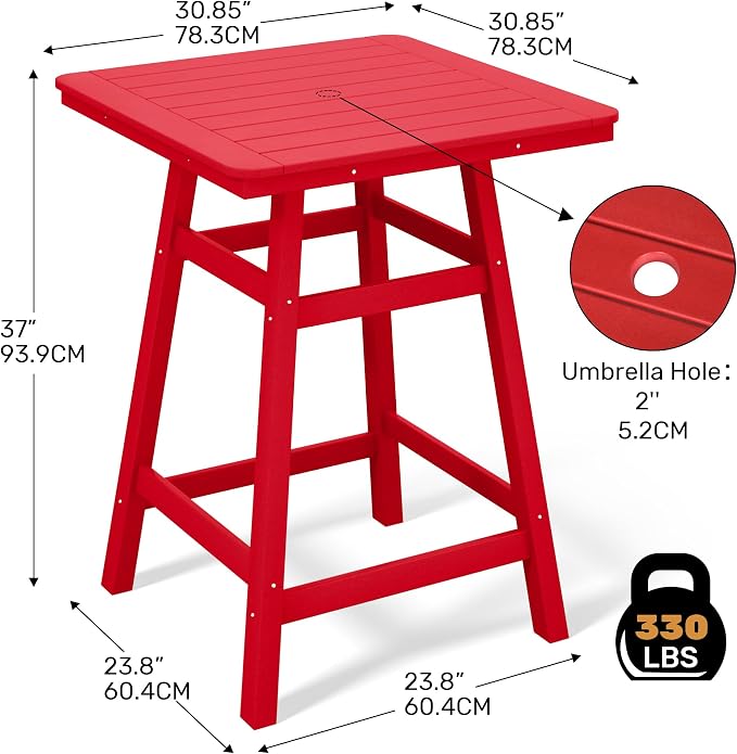 Costaelm Outdoor Bar Table, 37" Counter Height Square Patio Cocktail Bar Table with Umbrella Hole, Patio Bistro Dining Pub Table for Front Porch Deck Backyard Garden, Red